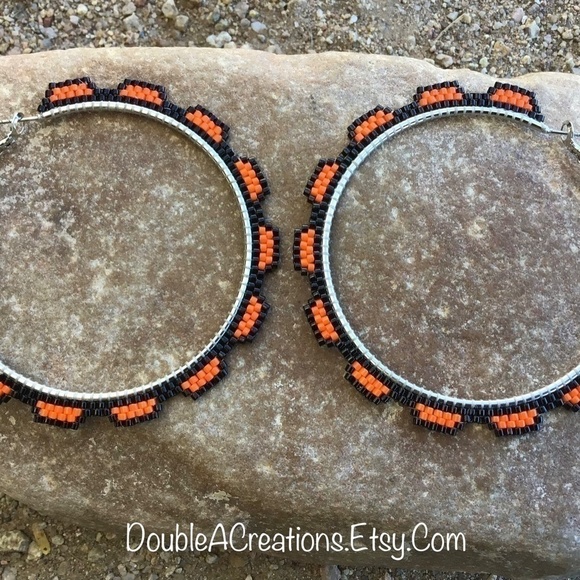 Orange Beaded Hoops, New, Handmade by Me - Picture 4 of 9